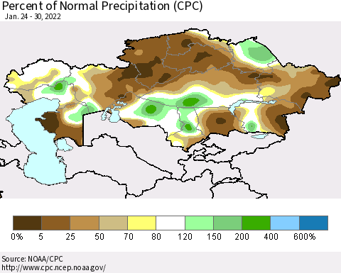 Kazakhstan Percent of Normal Precipitation (CPC) Thematic Map For 1/24/2022 - 1/30/2022