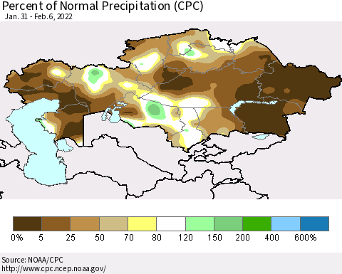 Kazakhstan Percent of Normal Precipitation (CPC) Thematic Map For 1/31/2022 - 2/6/2022