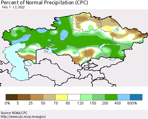Kazakhstan Percent of Normal Precipitation (CPC) Thematic Map For 2/7/2022 - 2/13/2022