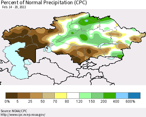 Kazakhstan Percent of Normal Precipitation (CPC) Thematic Map For 2/14/2022 - 2/20/2022