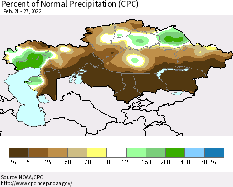 Kazakhstan Percent of Normal Precipitation (CPC) Thematic Map For 2/21/2022 - 2/27/2022