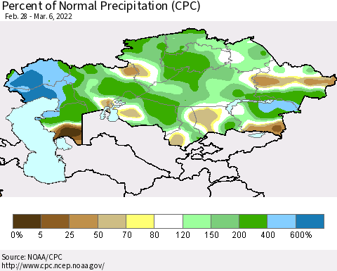 Kazakhstan Percent of Normal Precipitation (CPC) Thematic Map For 2/28/2022 - 3/6/2022
