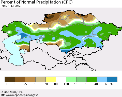 Kazakhstan Percent of Normal Precipitation (CPC) Thematic Map For 3/7/2022 - 3/13/2022