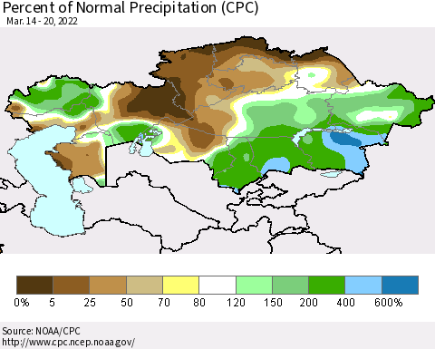 Kazakhstan Percent of Normal Precipitation (CPC) Thematic Map For 3/14/2022 - 3/20/2022