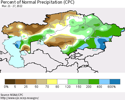 Kazakhstan Percent of Normal Precipitation (CPC) Thematic Map For 3/21/2022 - 3/27/2022