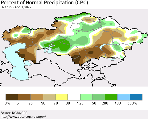 Kazakhstan Percent of Normal Precipitation (CPC) Thematic Map For 3/28/2022 - 4/3/2022