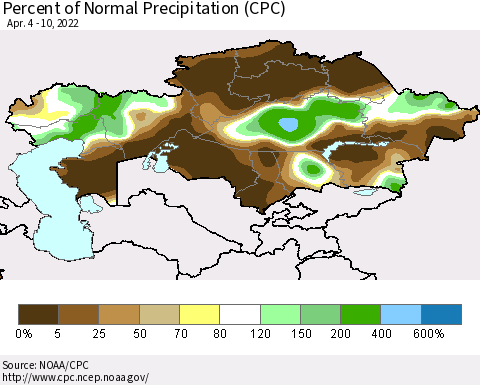 Kazakhstan Percent of Normal Precipitation (CPC) Thematic Map For 4/4/2022 - 4/10/2022
