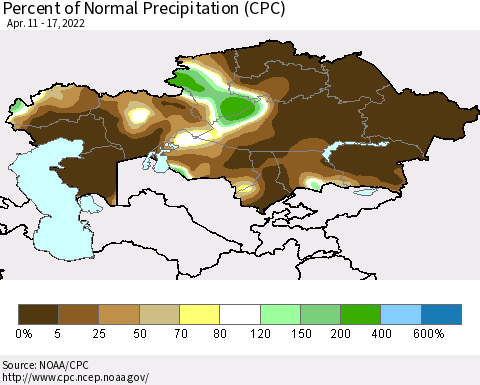 Kazakhstan Percent of Normal Precipitation (CPC) Thematic Map For 4/11/2022 - 4/17/2022