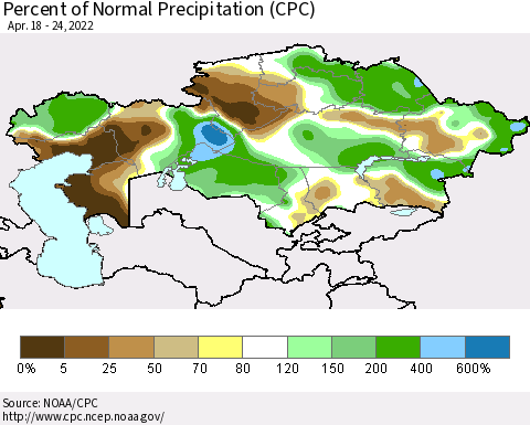 Kazakhstan Percent of Normal Precipitation (CPC) Thematic Map For 4/18/2022 - 4/24/2022