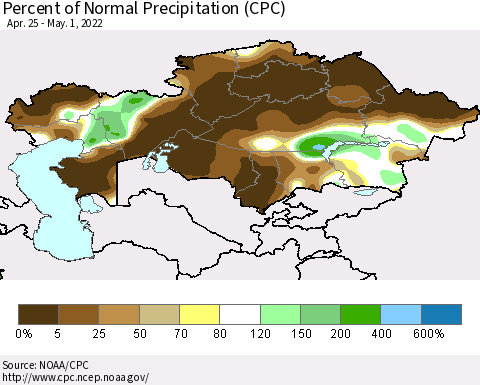 Kazakhstan Percent of Normal Precipitation (CPC) Thematic Map For 4/25/2022 - 5/1/2022