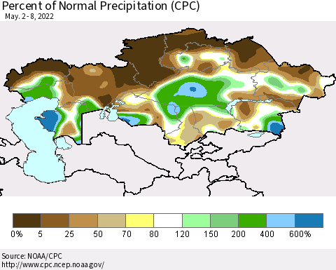 Kazakhstan Percent of Normal Precipitation (CPC) Thematic Map For 5/2/2022 - 5/8/2022