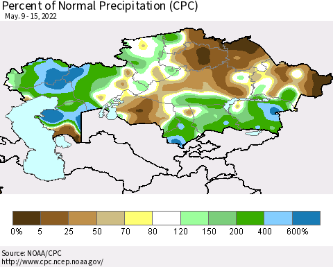 Kazakhstan Percent of Normal Precipitation (CPC) Thematic Map For 5/9/2022 - 5/15/2022