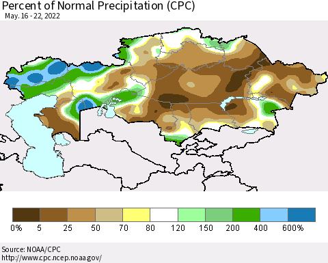 Kazakhstan Percent of Normal Precipitation (CPC) Thematic Map For 5/16/2022 - 5/22/2022