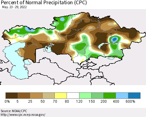 Kazakhstan Percent of Normal Precipitation (CPC) Thematic Map For 5/23/2022 - 5/29/2022