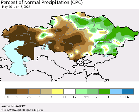 Kazakhstan Percent of Normal Precipitation (CPC) Thematic Map For 5/30/2022 - 6/5/2022