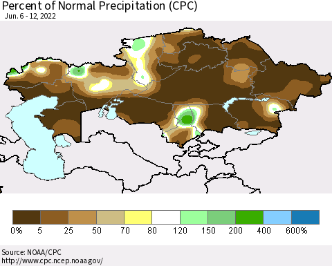Kazakhstan Percent of Normal Precipitation (CPC) Thematic Map For 6/6/2022 - 6/12/2022