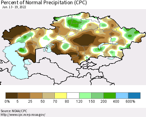 Kazakhstan Percent of Normal Precipitation (CPC) Thematic Map For 6/13/2022 - 6/19/2022