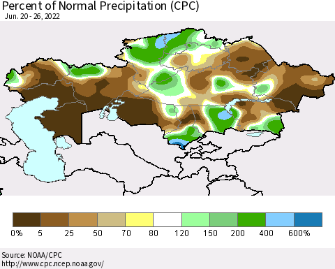 Kazakhstan Percent of Normal Precipitation (CPC) Thematic Map For 6/20/2022 - 6/26/2022