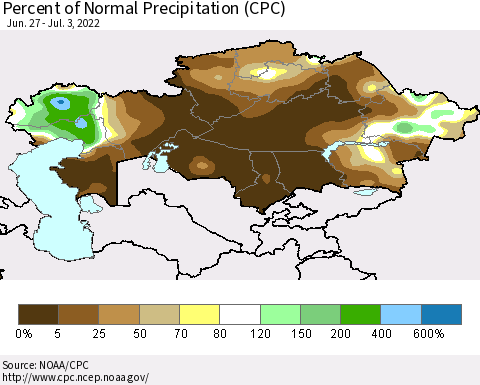 Kazakhstan Percent of Normal Precipitation (CPC) Thematic Map For 6/27/2022 - 7/3/2022