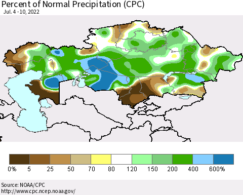 Kazakhstan Percent of Normal Precipitation (CPC) Thematic Map For 7/4/2022 - 7/10/2022