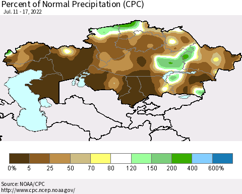 Kazakhstan Percent of Normal Precipitation (CPC) Thematic Map For 7/11/2022 - 7/17/2022
