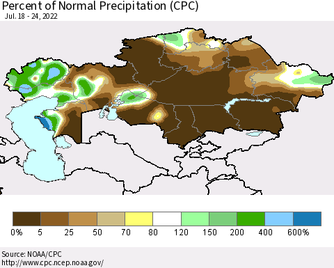 Kazakhstan Percent of Normal Precipitation (CPC) Thematic Map For 7/18/2022 - 7/24/2022