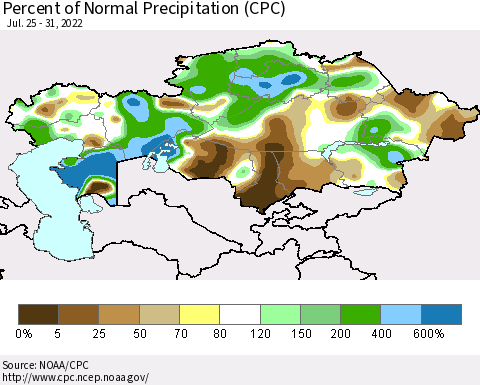 Kazakhstan Percent of Normal Precipitation (CPC) Thematic Map For 7/25/2022 - 7/31/2022