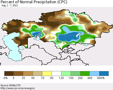 Kazakhstan Percent of Normal Precipitation (CPC) Thematic Map For 8/1/2022 - 8/7/2022