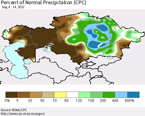 Kazakhstan Percent of Normal Precipitation (CPC) Thematic Map For 8/8/2022 - 8/14/2022