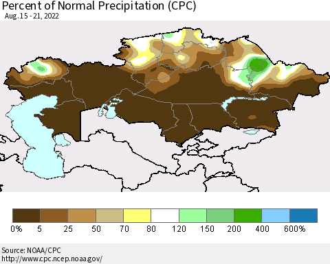 Kazakhstan Percent of Normal Precipitation (CPC) Thematic Map For 8/15/2022 - 8/21/2022