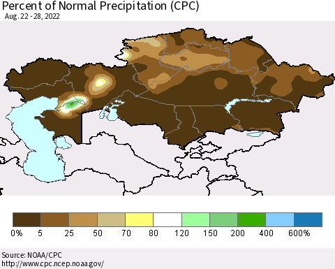 Kazakhstan Percent of Normal Precipitation (CPC) Thematic Map For 8/22/2022 - 8/28/2022