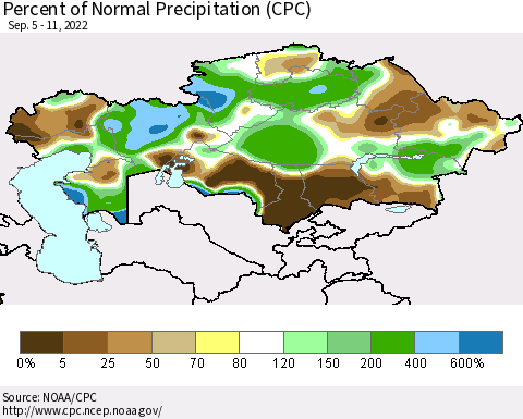 Kazakhstan Percent of Normal Precipitation (CPC) Thematic Map For 9/5/2022 - 9/11/2022