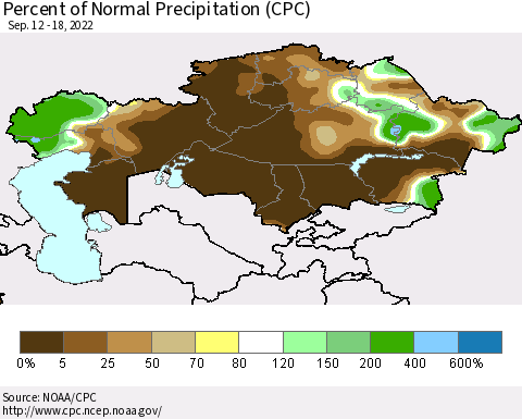 Kazakhstan Percent of Normal Precipitation (CPC) Thematic Map For 9/12/2022 - 9/18/2022