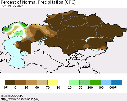 Kazakhstan Percent of Normal Precipitation (CPC) Thematic Map For 9/19/2022 - 9/25/2022