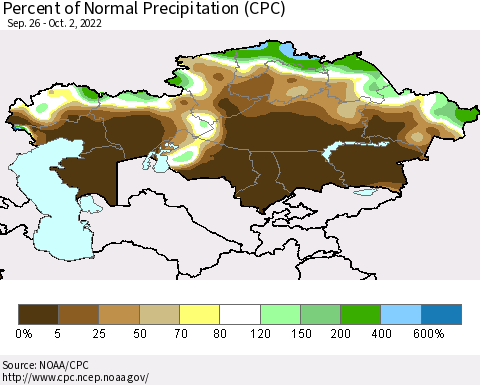 Kazakhstan Percent of Normal Precipitation (CPC) Thematic Map For 9/26/2022 - 10/2/2022