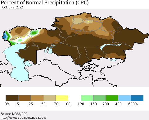 Kazakhstan Percent of Normal Precipitation (CPC) Thematic Map For 10/3/2022 - 10/9/2022