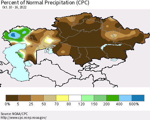 Kazakhstan Percent of Normal Precipitation (CPC) Thematic Map For 10/10/2022 - 10/16/2022
