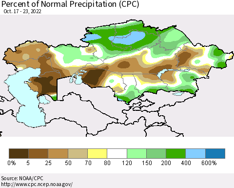 Kazakhstan Percent of Normal Precipitation (CPC) Thematic Map For 10/17/2022 - 10/23/2022