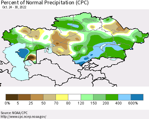 Kazakhstan Percent of Normal Precipitation (CPC) Thematic Map For 10/24/2022 - 10/30/2022