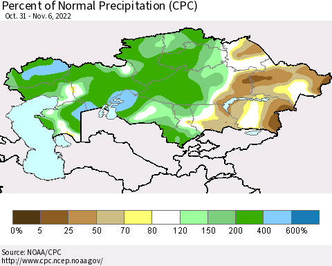 Kazakhstan Percent of Normal Precipitation (CPC) Thematic Map For 10/31/2022 - 11/6/2022