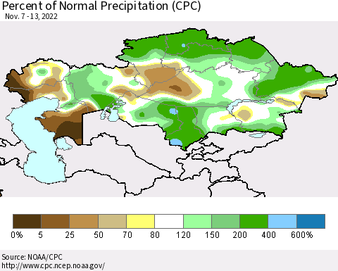 Kazakhstan Percent of Normal Precipitation (CPC) Thematic Map For 11/7/2022 - 11/13/2022