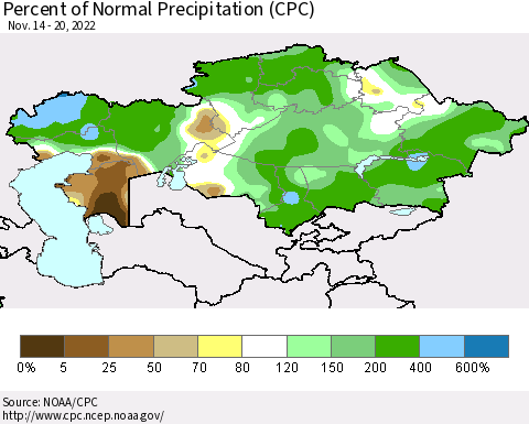 Kazakhstan Percent of Normal Precipitation (CPC) Thematic Map For 11/14/2022 - 11/20/2022