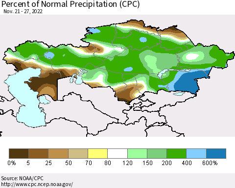 Kazakhstan Percent of Normal Precipitation (CPC) Thematic Map For 11/21/2022 - 11/27/2022