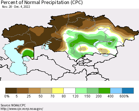 Kazakhstan Percent of Normal Precipitation (CPC) Thematic Map For 11/28/2022 - 12/4/2022
