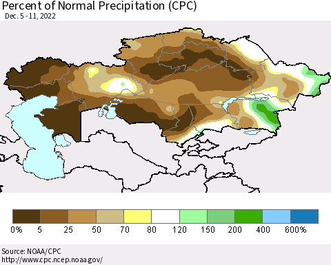 Kazakhstan Percent of Normal Precipitation (CPC) Thematic Map For 12/5/2022 - 12/11/2022