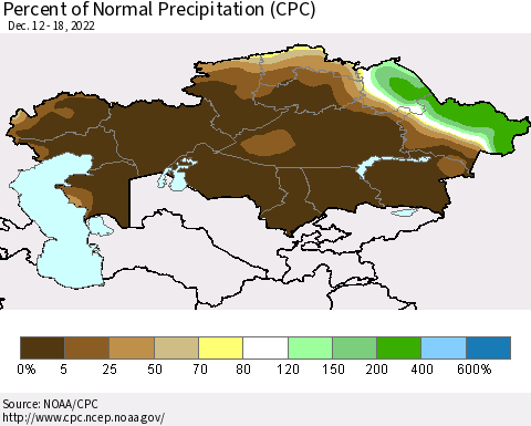 Kazakhstan Percent of Normal Precipitation (CPC) Thematic Map For 12/12/2022 - 12/18/2022