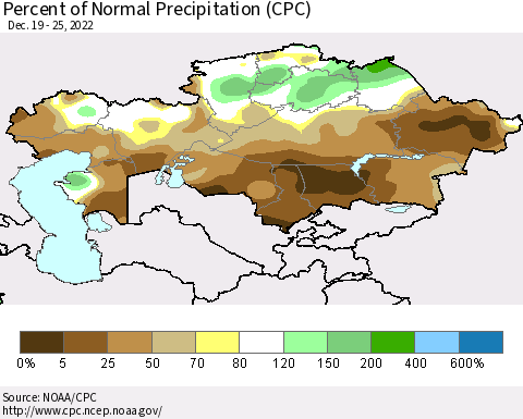 Kazakhstan Percent of Normal Precipitation (CPC) Thematic Map For 12/19/2022 - 12/25/2022