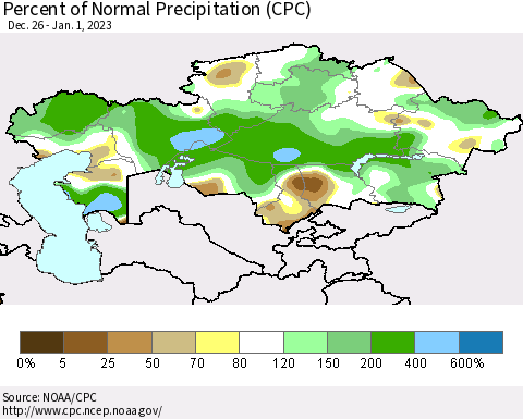 Kazakhstan Percent of Normal Precipitation (CPC) Thematic Map For 12/26/2022 - 1/1/2023