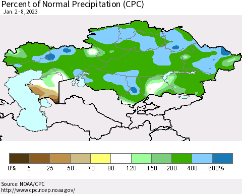 Kazakhstan Percent of Normal Precipitation (CPC) Thematic Map For 1/2/2023 - 1/8/2023