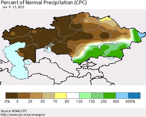 Kazakhstan Percent of Normal Precipitation (CPC) Thematic Map For 1/9/2023 - 1/15/2023